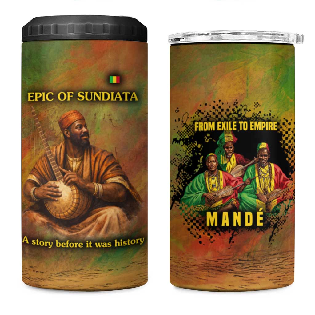 Sundiata Keita 4 in 1 Can Cooler Tumbler Griot Storytelling Scene, Epic of Sundiata Text and Heritage-Inspired Earth Tone - Wonder Print Shop