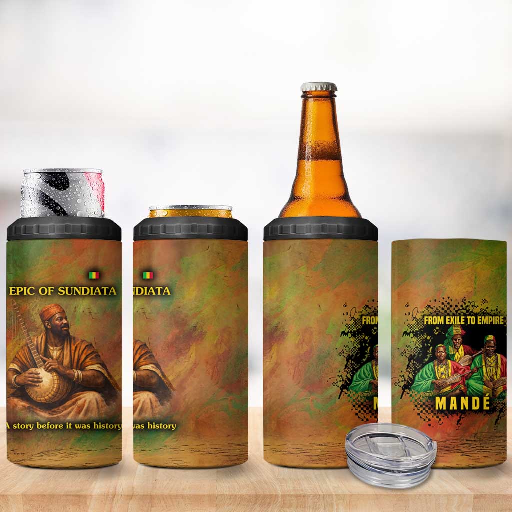 Sundiata Keita 4 in 1 Can Cooler Tumbler Griot Storytelling Scene, Epic of Sundiata Text and Heritage-Inspired Earth Tone - Wonder Print Shop