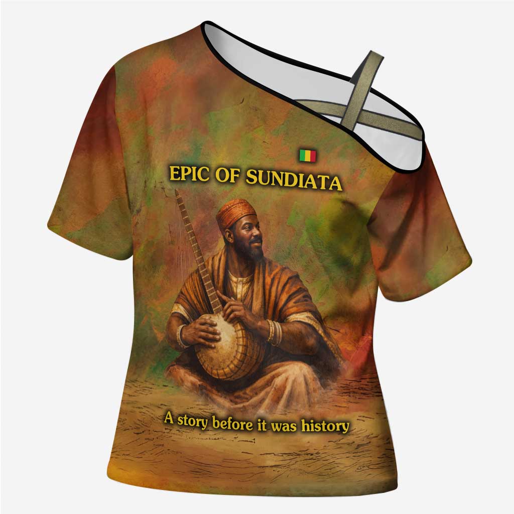 Sundiata Keita Cross Shoulder Shirt Griot Storytelling Scene, Epic of Sundiata Text and Heritage-Inspired Earth Tone - Wonder Print Shop