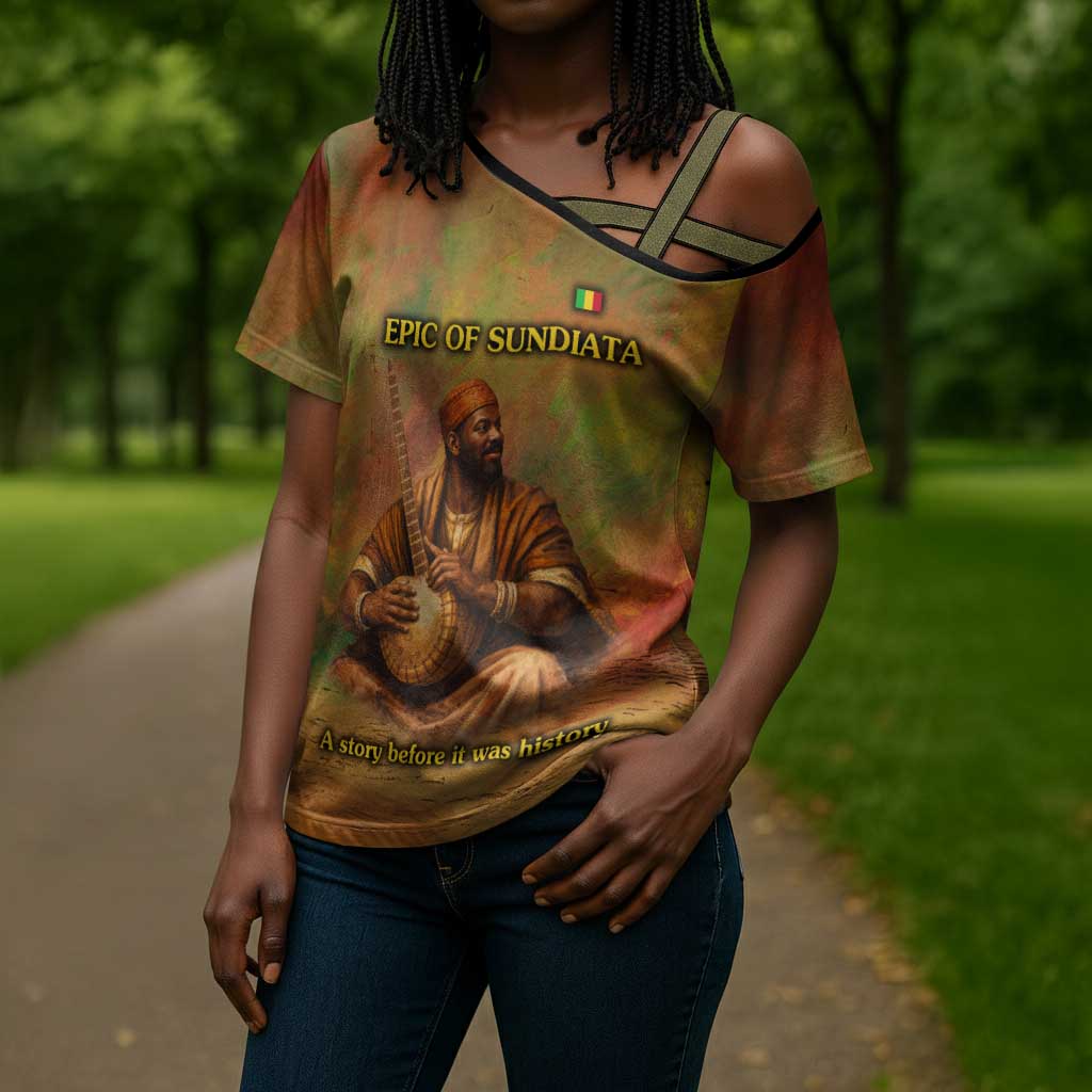 Sundiata Keita Cross Shoulder Shirt Griot Storytelling Scene, Epic of Sundiata Text and Heritage-Inspired Earth Tone - Wonder Print Shop