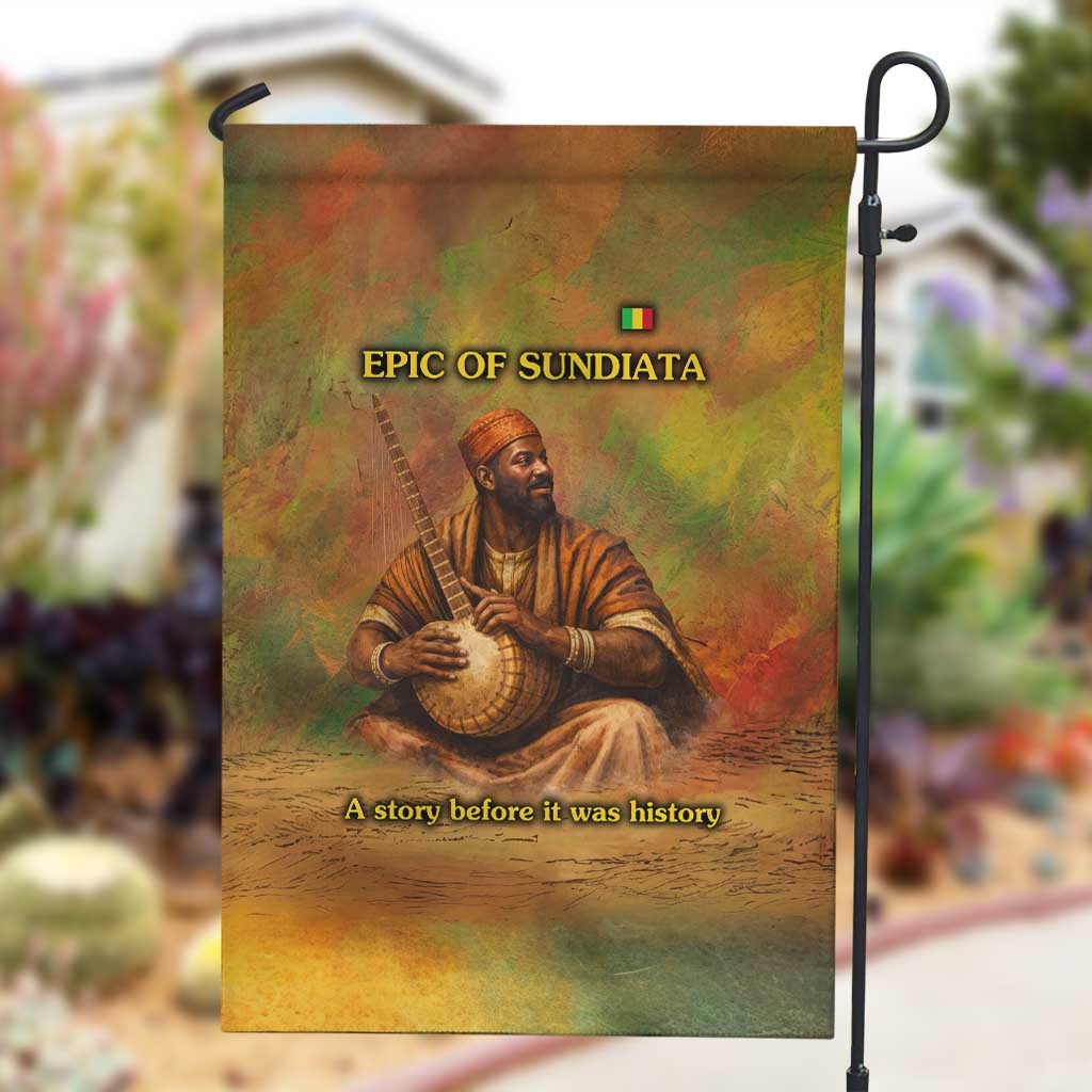 Sundiata Keita Garden Flag Griot Storytelling Scene, Epic of Sundiata Text and Heritage-Inspired Earth Tone - Wonder Print Shop