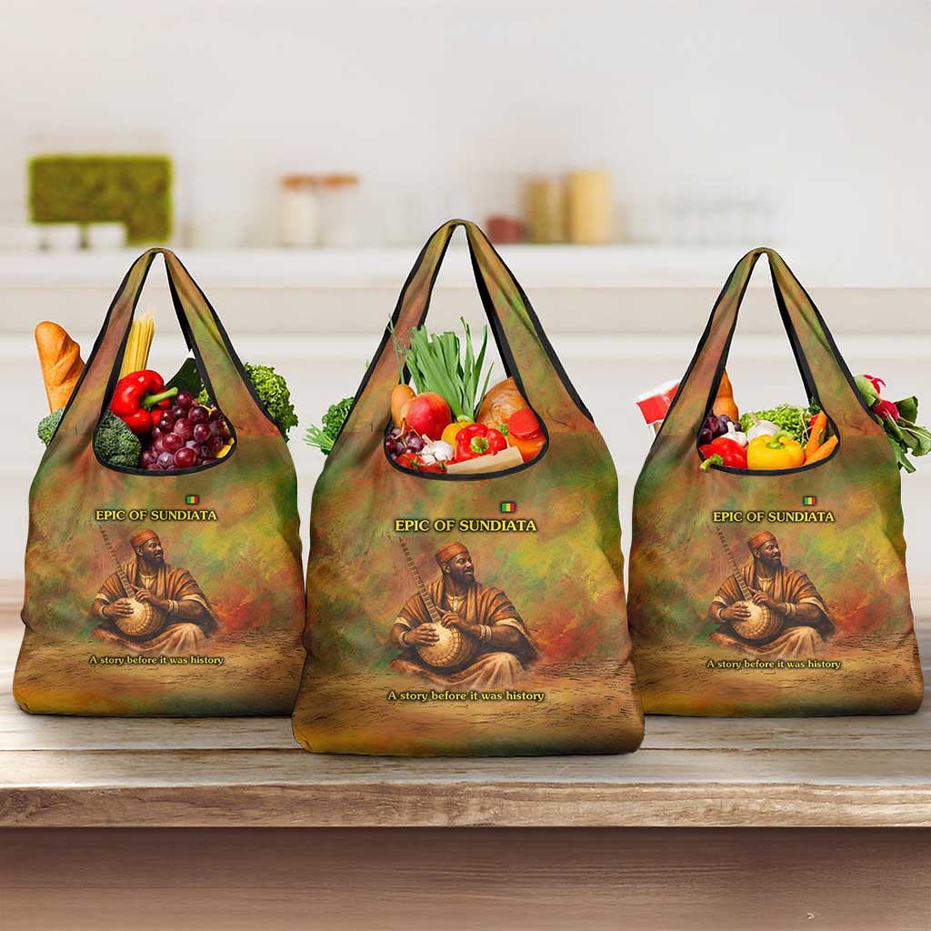 Sundiata Keita Grocery Bag Griot Storytelling Scene, Epic of Sundiata Text and Heritage-Inspired Earth Tone - Wonder Print Shop