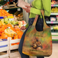 Sundiata Keita Grocery Bag Griot Storytelling Scene, Epic of Sundiata Text and Heritage-Inspired Earth Tone - Wonder Print Shop