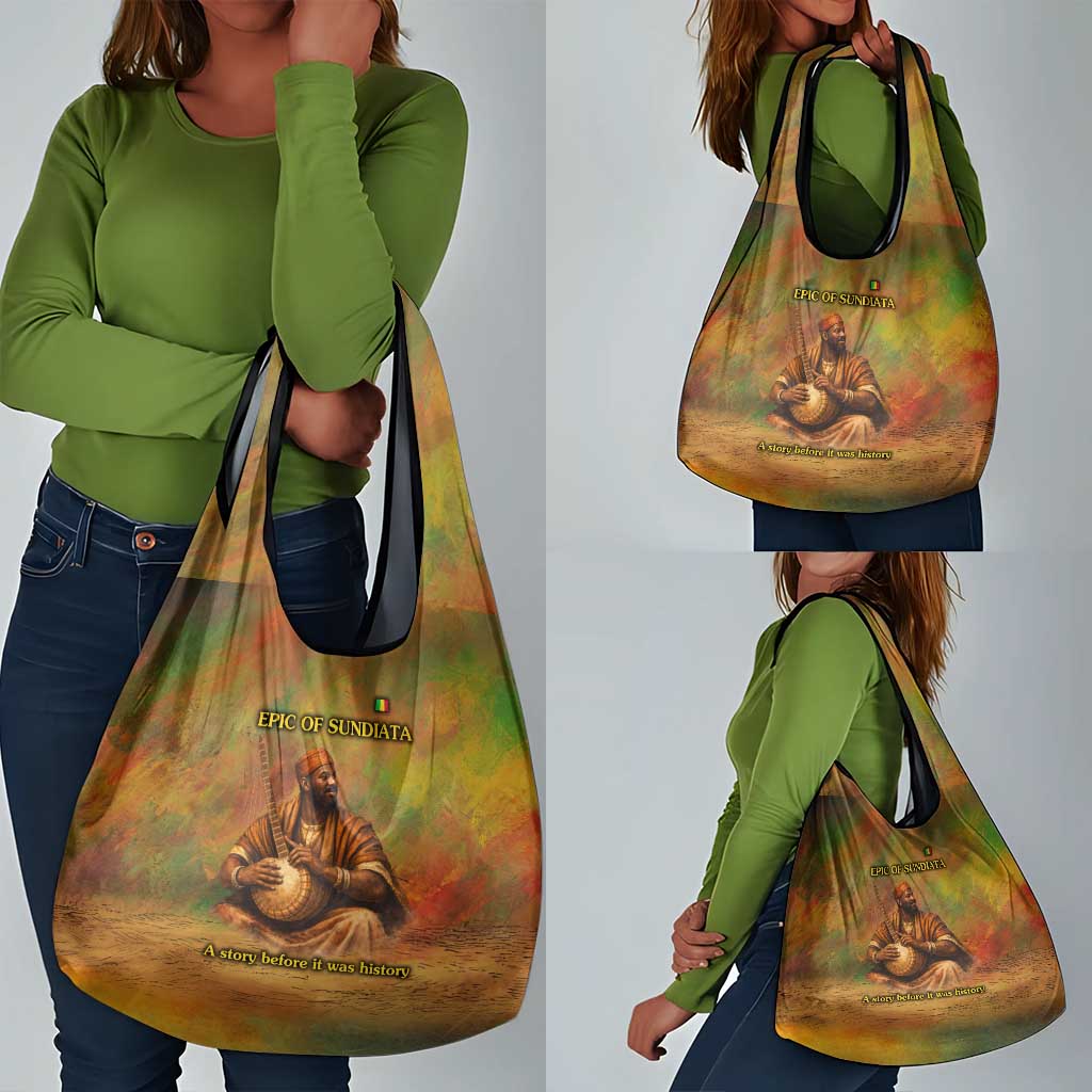 Sundiata Keita Grocery Bag Griot Storytelling Scene, Epic of Sundiata Text and Heritage-Inspired Earth Tone - Wonder Print Shop