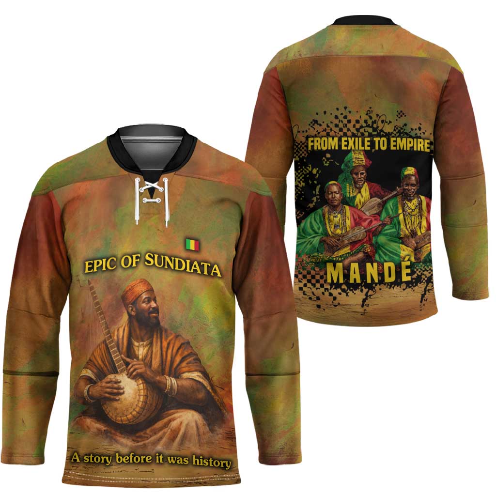 Sundiata Keita Hockey Jersey Griot Storytelling Scene, Epic of Sundiata Text and Heritage-Inspired Earth Tone - Wonder Print Shop