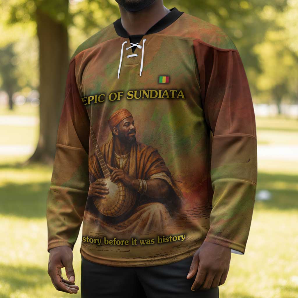 Sundiata Keita Hockey Jersey Griot Storytelling Scene, Epic of Sundiata Text and Heritage-Inspired Earth Tone - Wonder Print Shop