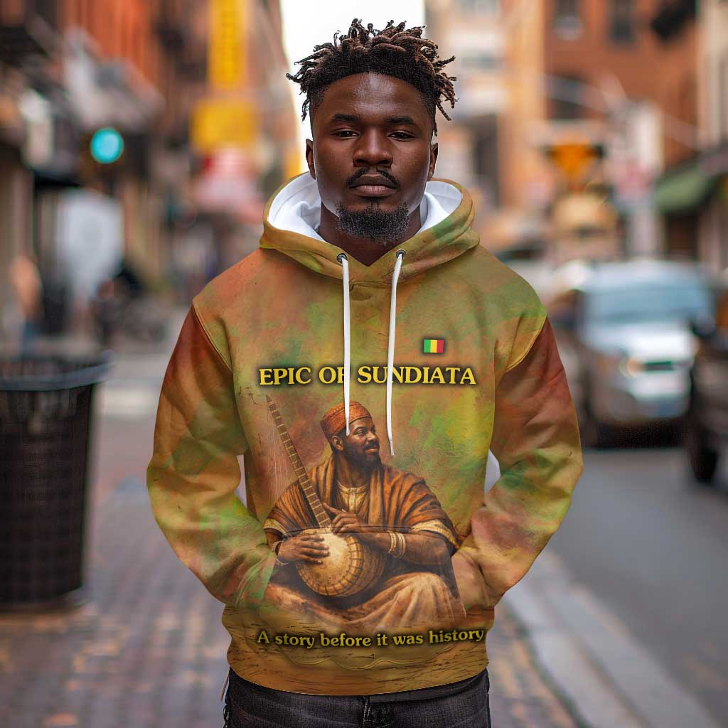 Sundiata Keita Hoodie Griot Storytelling Scene, Epic of Sundiata Text and Heritage-Inspired Earth Tone - Wonder Print Shop
