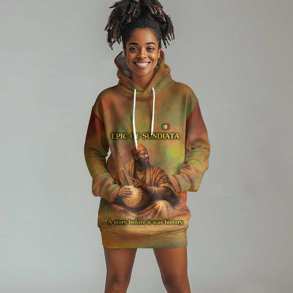 Sundiata Keita Hoodie Dress Griot Storytelling Scene, Epic of Sundiata Text and Heritage-Inspired Earth Tone - Wonder Print Shop
