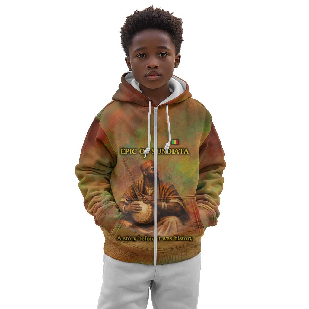 Sundiata Keita Kid Hoodie Griot Storytelling Scene, Epic of Sundiata Text and Heritage-Inspired Earth Tone - Wonder Print Shop