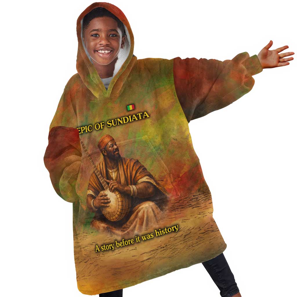 Sundiata Keita Kid Wearable Blanket Hoodie Griot Storytelling Scene, Epic of Sundiata Text and Heritage-Inspired Earth Tone - Wonder Print Shop