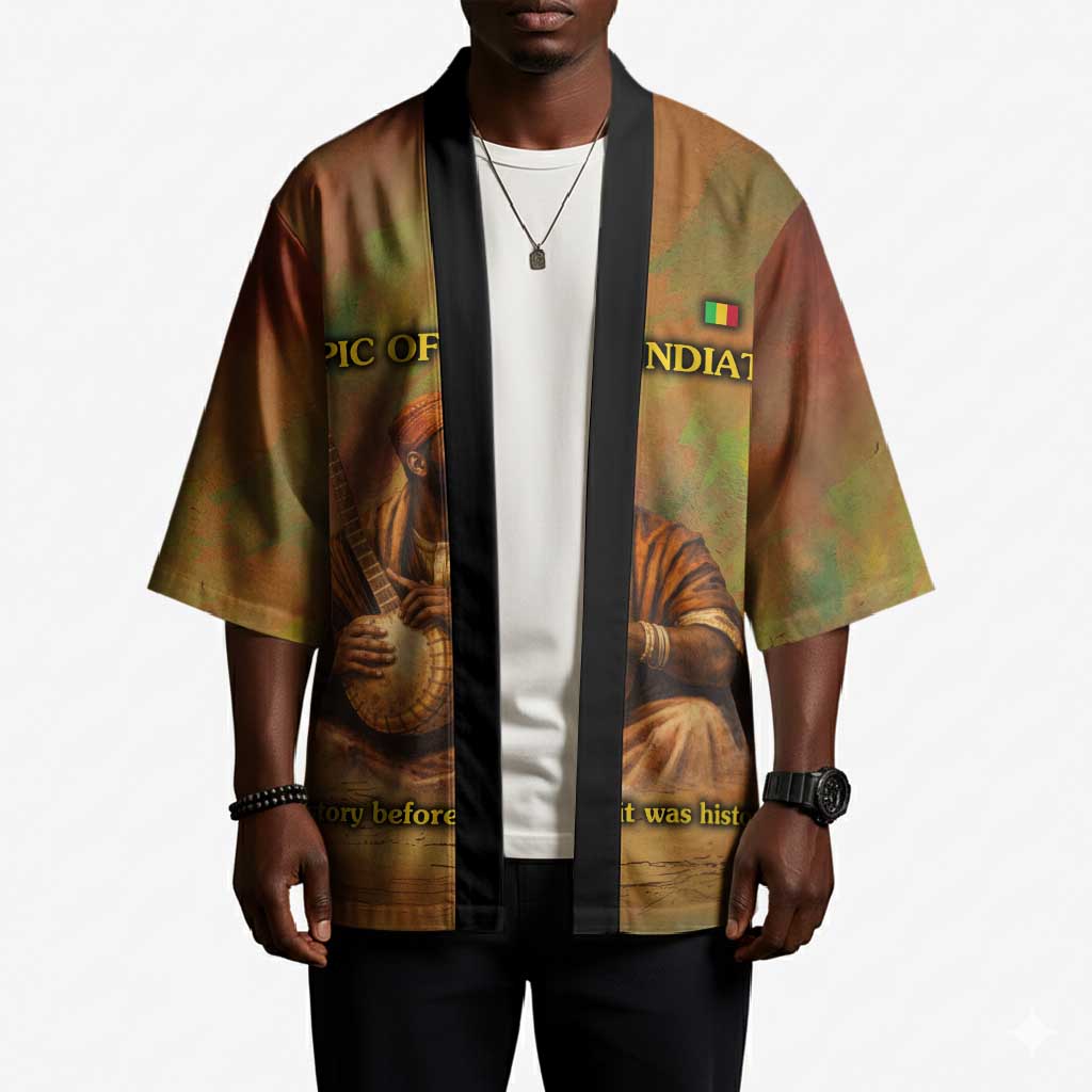 Sundiata Keita Kimono Griot Storytelling Scene, Epic of Sundiata Text and Heritage-Inspired Earth Tone - Wonder Print Shop