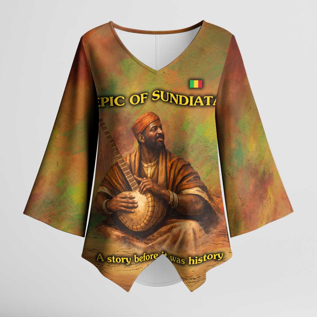 Sundiata Keita Kimono Sleeve Blouse Griot Storytelling Scene, Epic of Sundiata Text and Heritage-Inspired Earth Tone - Wonder Print Shop