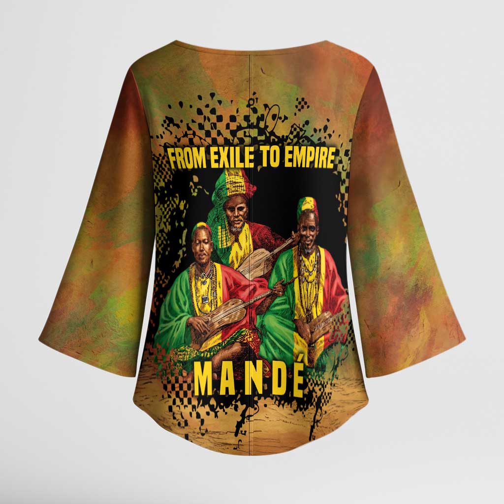 Sundiata Keita Kimono Sleeve Blouse Griot Storytelling Scene, Epic of Sundiata Text and Heritage-Inspired Earth Tone - Wonder Print Shop