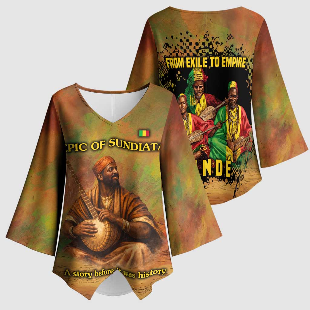 Sundiata Keita Kimono Sleeve Blouse Griot Storytelling Scene, Epic of Sundiata Text and Heritage-Inspired Earth Tone - Wonder Print Shop