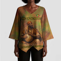 Sundiata Keita Kimono Sleeve Blouse Griot Storytelling Scene, Epic of Sundiata Text and Heritage-Inspired Earth Tone - Wonder Print Shop