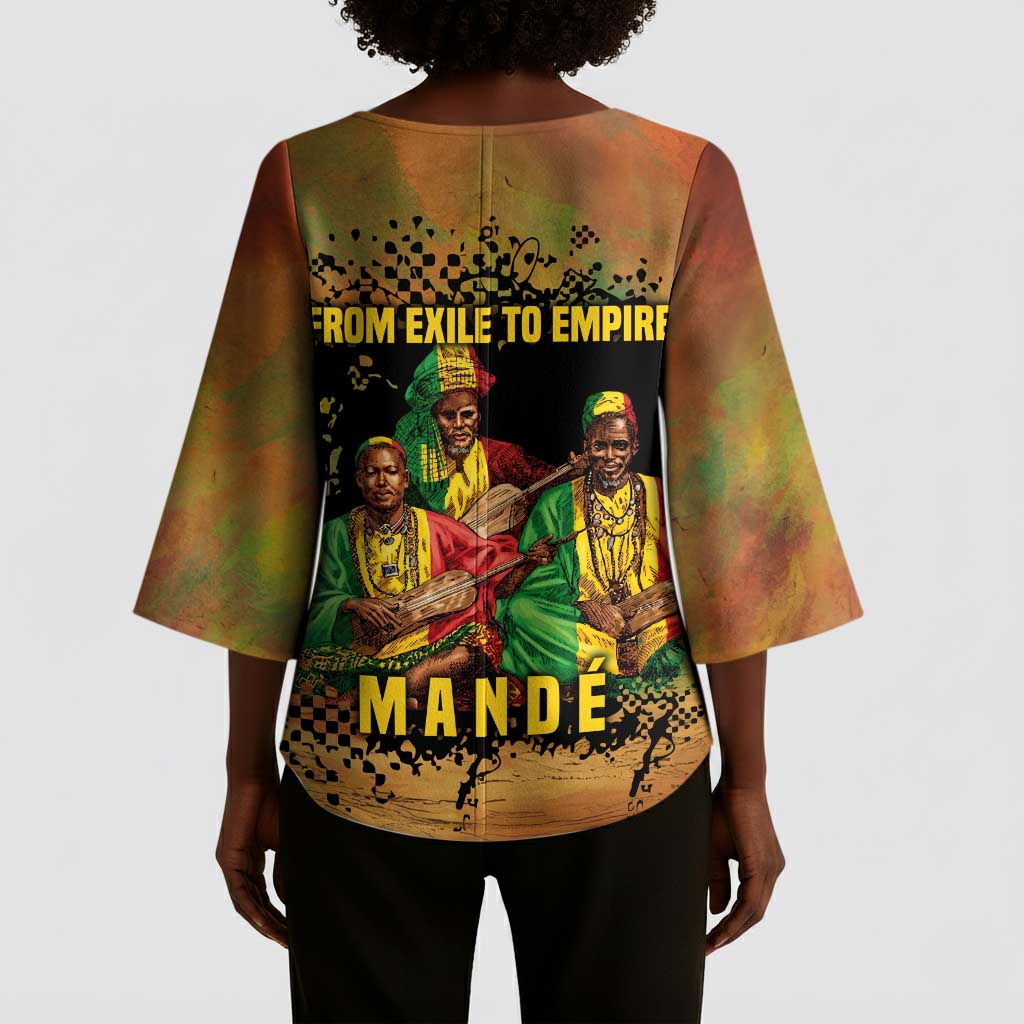 Sundiata Keita Kimono Sleeve Blouse Griot Storytelling Scene, Epic of Sundiata Text and Heritage-Inspired Earth Tone - Wonder Print Shop