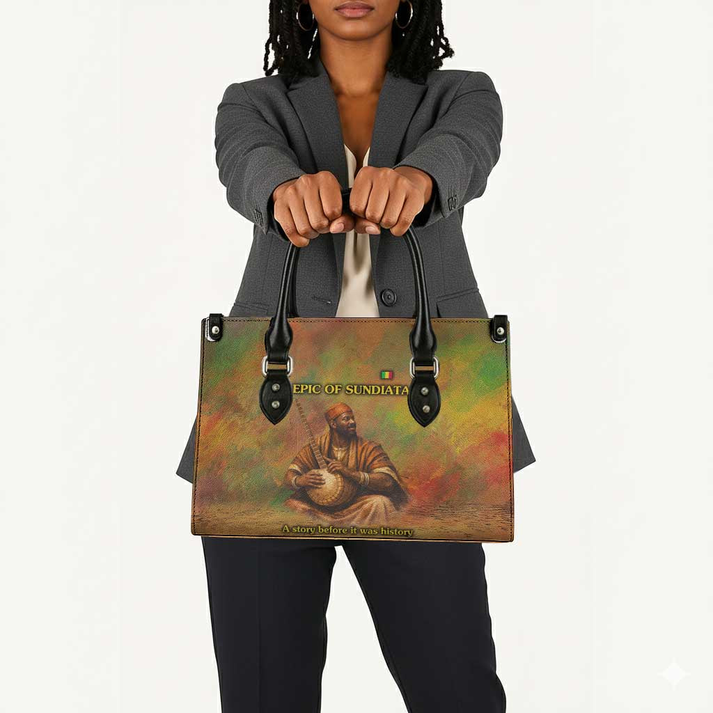 Sundiata Keita Leather Bag Griot Storytelling Scene, Epic of Sundiata Text and Heritage-Inspired Earth Tone - Wonder Print Shop