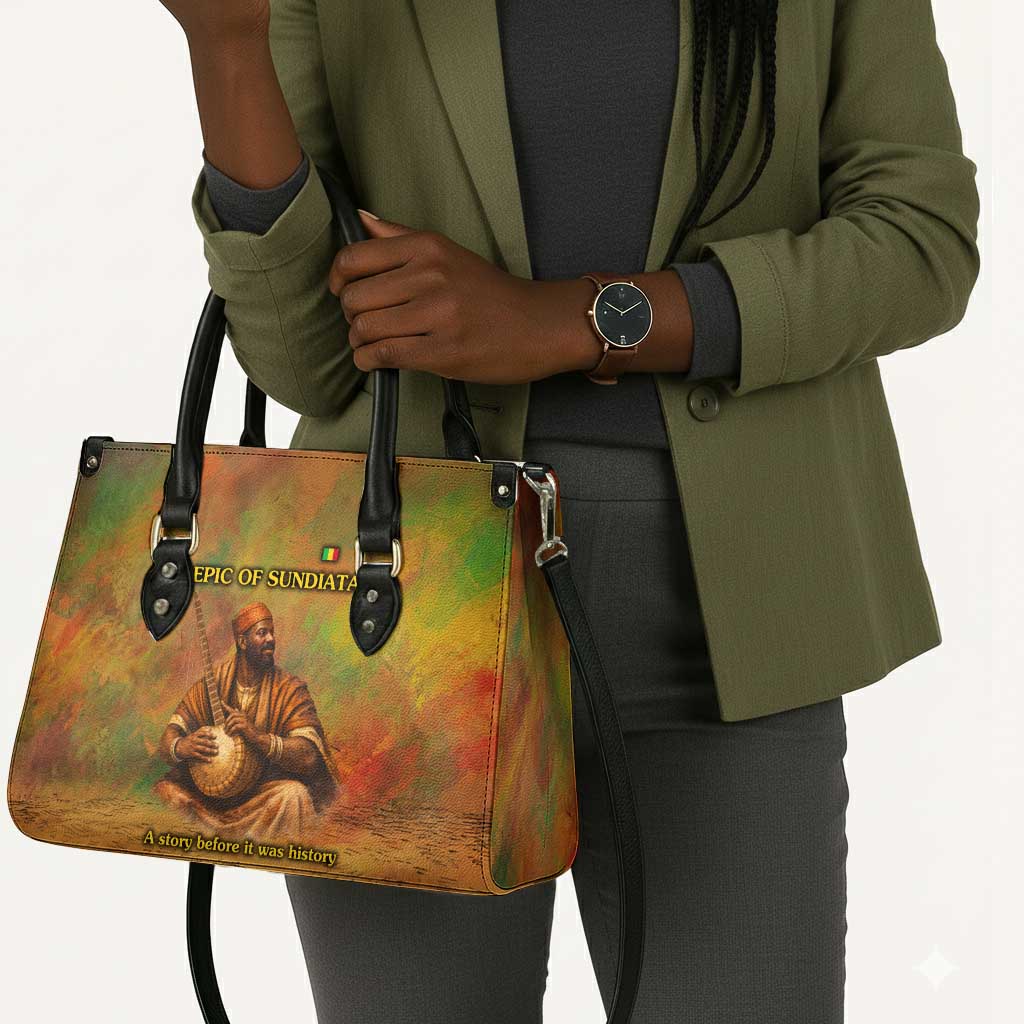 Sundiata Keita Leather Bag Griot Storytelling Scene, Epic of Sundiata Text and Heritage-Inspired Earth Tone - Wonder Print Shop