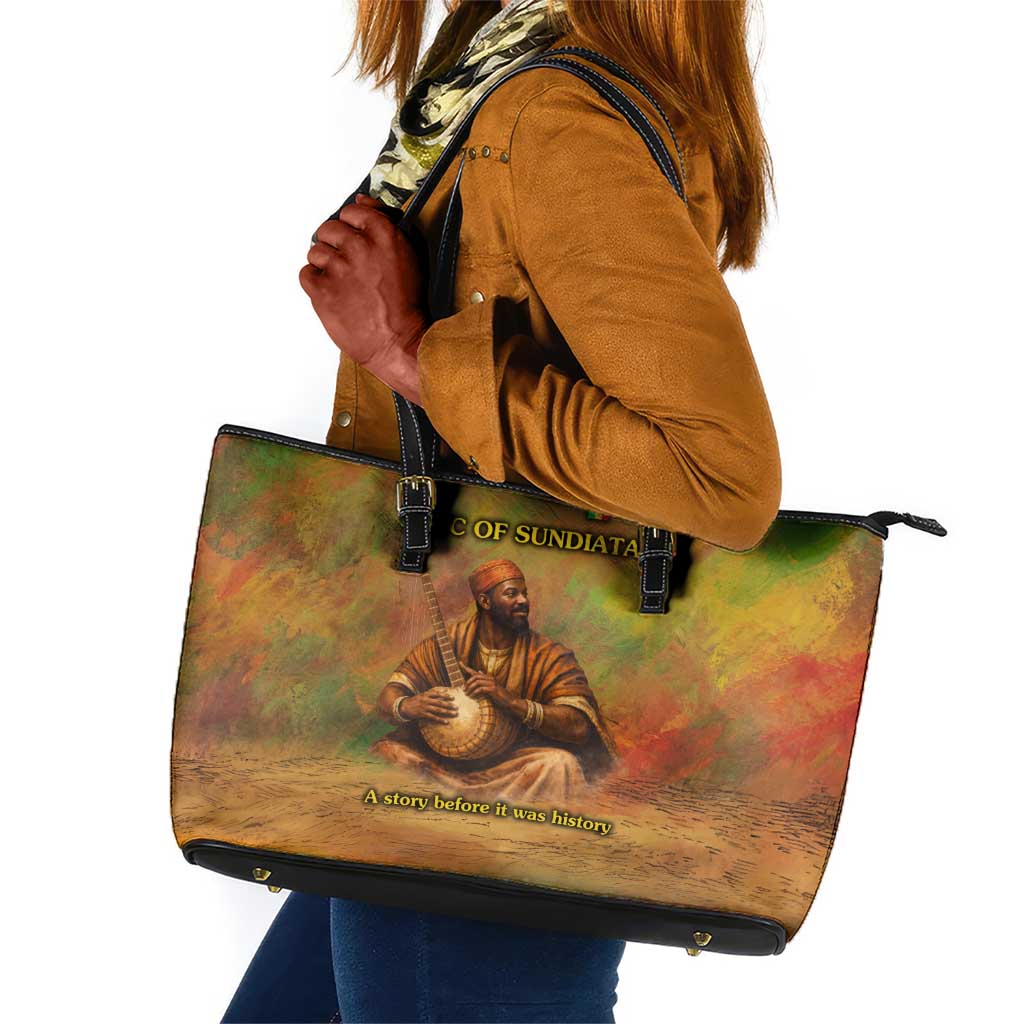 Sundiata Keita Leather Tote Bag Griot Storytelling Scene, Epic of Sundiata Text and Heritage-Inspired Earth Tone - Wonder Print Shop