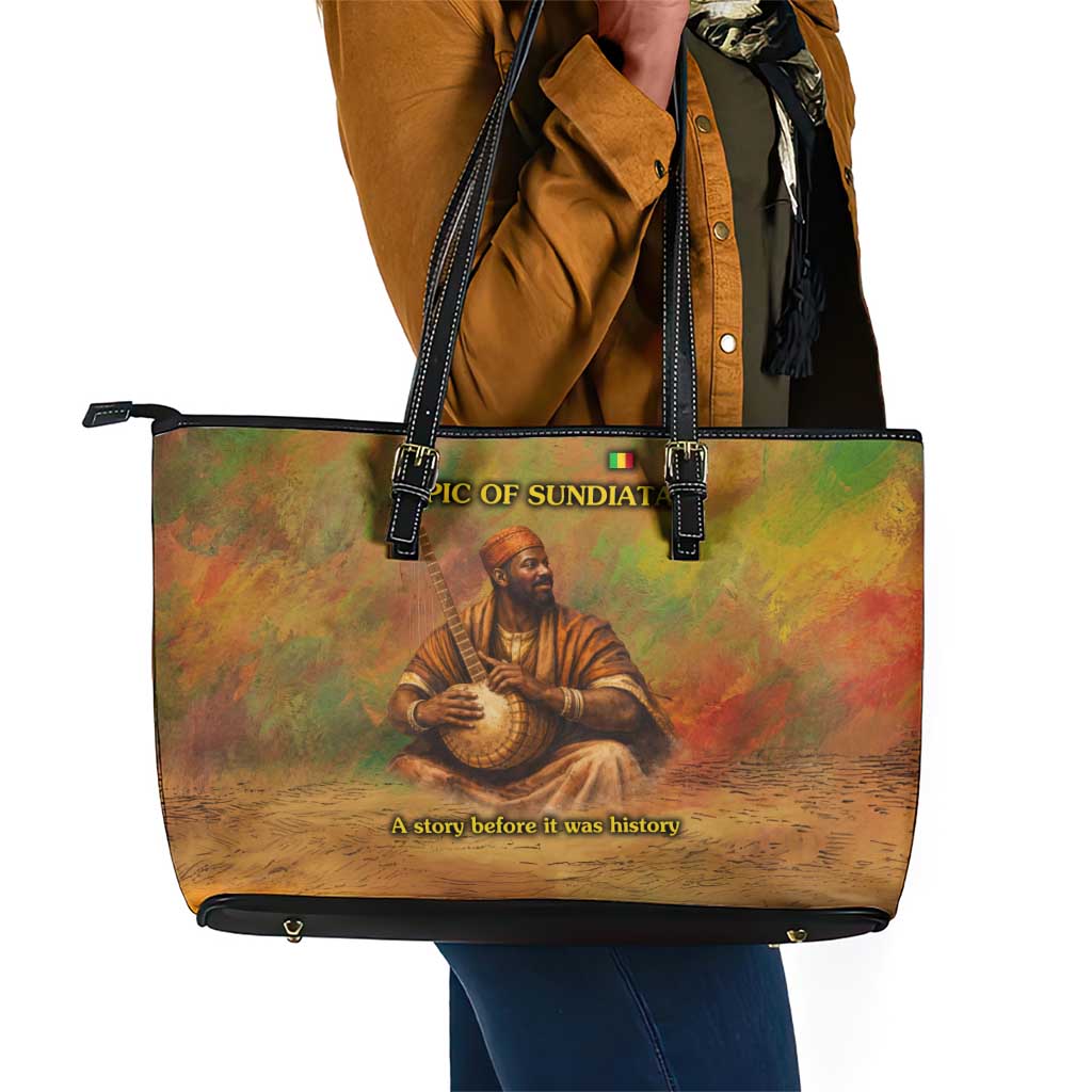 Sundiata Keita Leather Tote Bag Griot Storytelling Scene, Epic of Sundiata Text and Heritage-Inspired Earth Tone - Wonder Print Shop