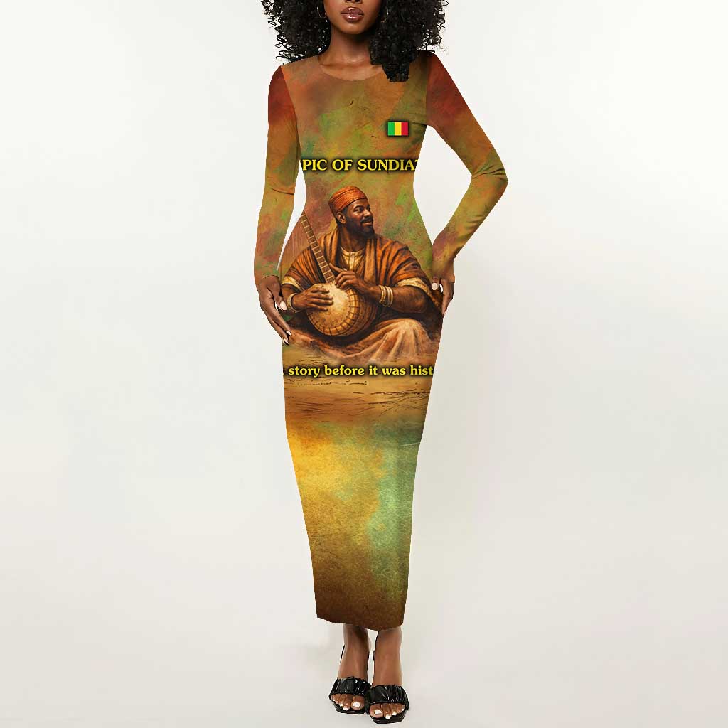 Sundiata Keita Long Sleeve Bodycon Dress Griot Storytelling Scene, Epic of Sundiata Text and Heritage-Inspired Earth Tone - Wonder Print Shop
