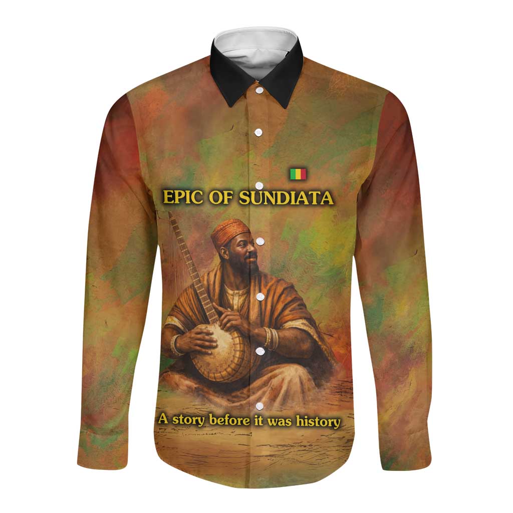 Sundiata Keita Long Sleeve Button Shirt Griot Storytelling Scene, Epic of Sundiata Text and Heritage-Inspired Earth Tone - Wonder Print Shop