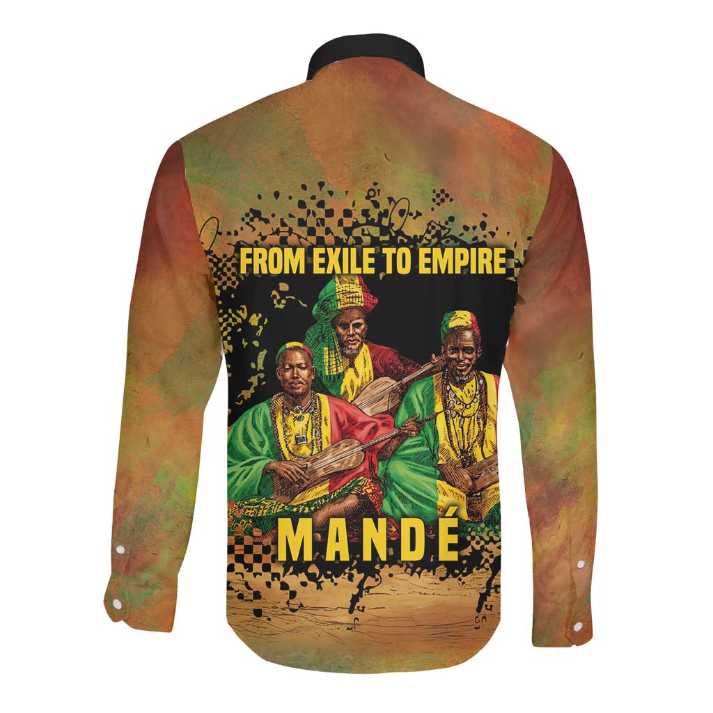 Sundiata Keita Long Sleeve Button Shirt Griot Storytelling Scene, Epic of Sundiata Text and Heritage-Inspired Earth Tone - Wonder Print Shop