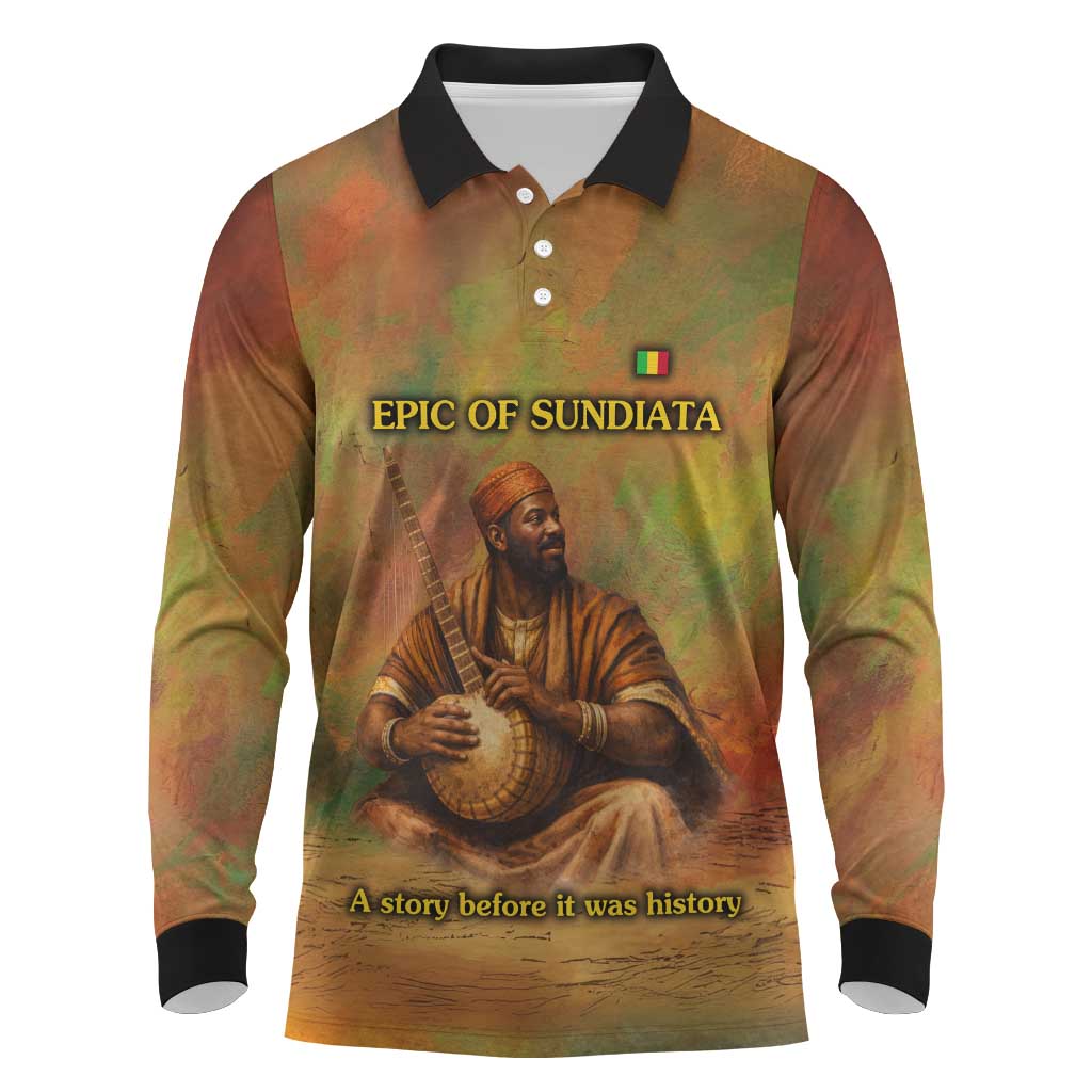 Sundiata Keita Long Sleeve Polo Shirt Griot Storytelling Scene, Epic of Sundiata Text and Heritage-Inspired Earth Tone - Wonder Print Shop