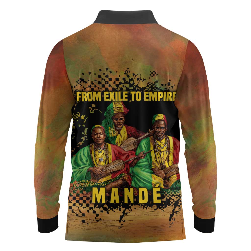 Sundiata Keita Long Sleeve Polo Shirt Griot Storytelling Scene, Epic of Sundiata Text and Heritage-Inspired Earth Tone - Wonder Print Shop