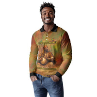 Sundiata Keita Long Sleeve Polo Shirt Griot Storytelling Scene, Epic of Sundiata Text and Heritage-Inspired Earth Tone - Wonder Print Shop