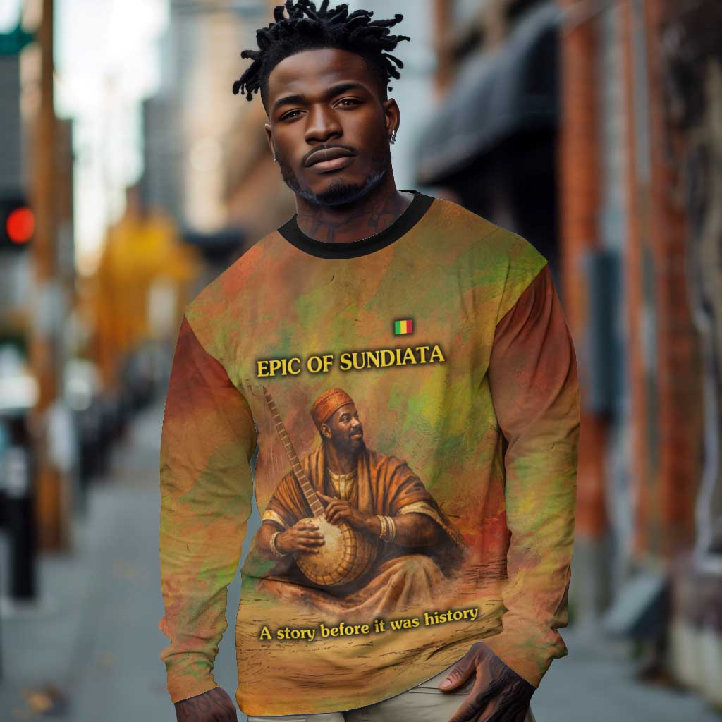 Sundiata Keita Long Sleeve Shirt Griot Storytelling Scene, Epic of Sundiata Text and Heritage-Inspired Earth Tone - Wonder Print Shop