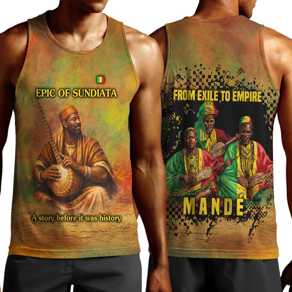 Sundiata Keita Men Tank Top Griot Storytelling Scene, Epic of Sundiata Text and Heritage-Inspired Earth Tone - Wonder Print Shop