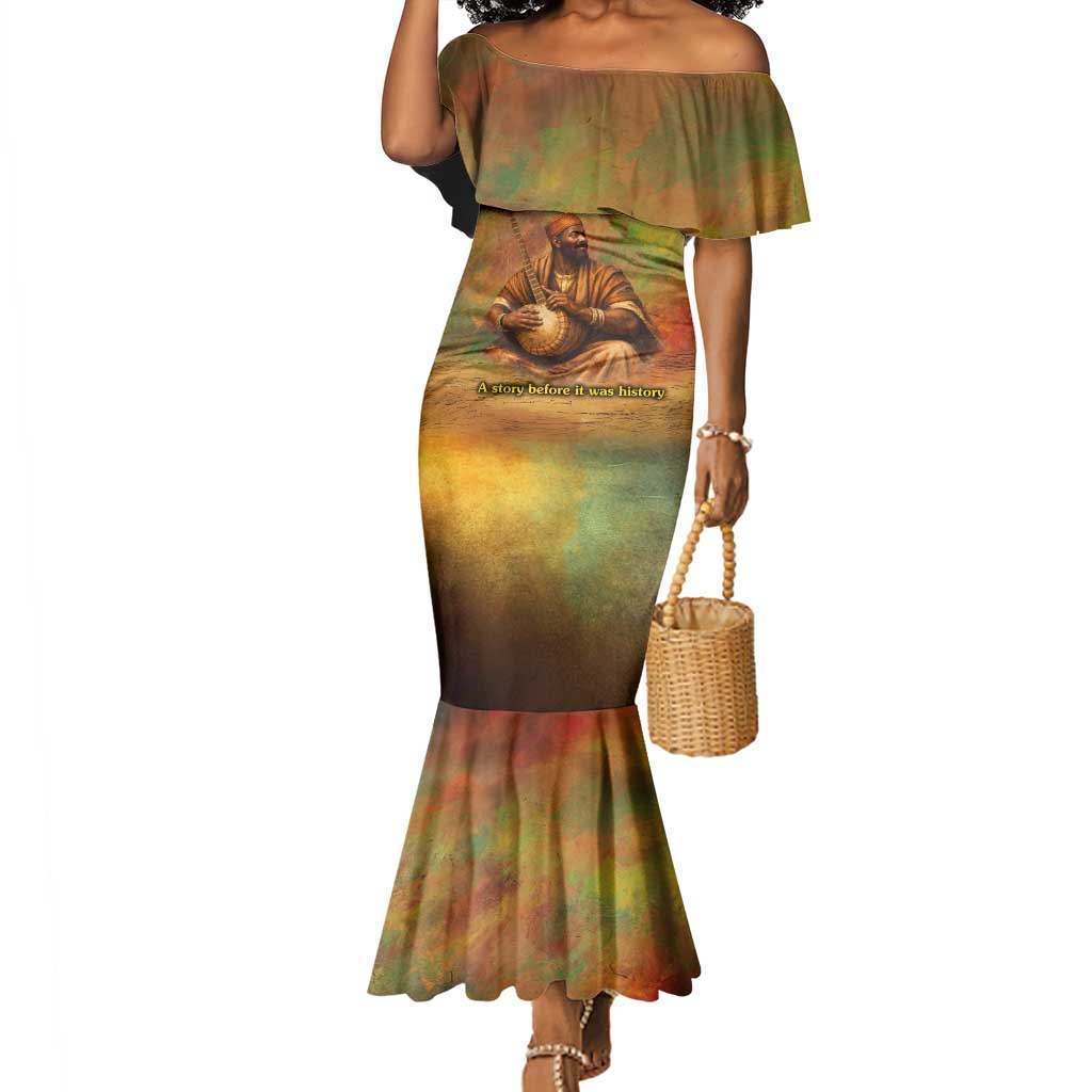 Sundiata Keita Mermaid Dress Griot Storytelling Scene, Epic of Sundiata Text and Heritage-Inspired Earth Tone - Wonder Print Shop