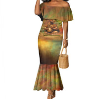Sundiata Keita Mermaid Dress Griot Storytelling Scene, Epic of Sundiata Text and Heritage-Inspired Earth Tone - Wonder Print Shop