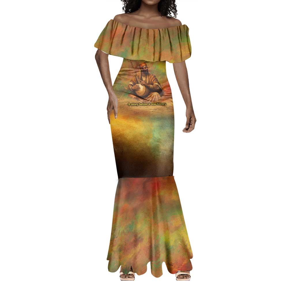 Sundiata Keita Mermaid Dress Griot Storytelling Scene, Epic of Sundiata Text and Heritage-Inspired Earth Tone - Wonder Print Shop