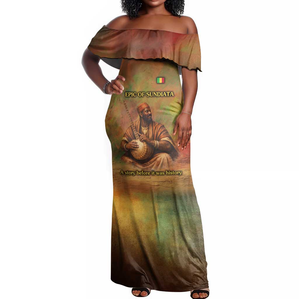 Sundiata Keita Off Shoulder Maxi Dress Griot Storytelling Scene, Epic of Sundiata Text and Heritage-Inspired Earth Tone - Wonder Print Shop
