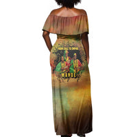 Sundiata Keita Off Shoulder Maxi Dress Griot Storytelling Scene, Epic of Sundiata Text and Heritage-Inspired Earth Tone - Wonder Print Shop