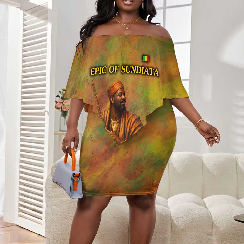 Sundiata Keita Off Shoulder Short Dress Griot Storytelling Scene, Epic of Sundiata Text and Heritage-Inspired Earth Tone - Wonder Print Shop