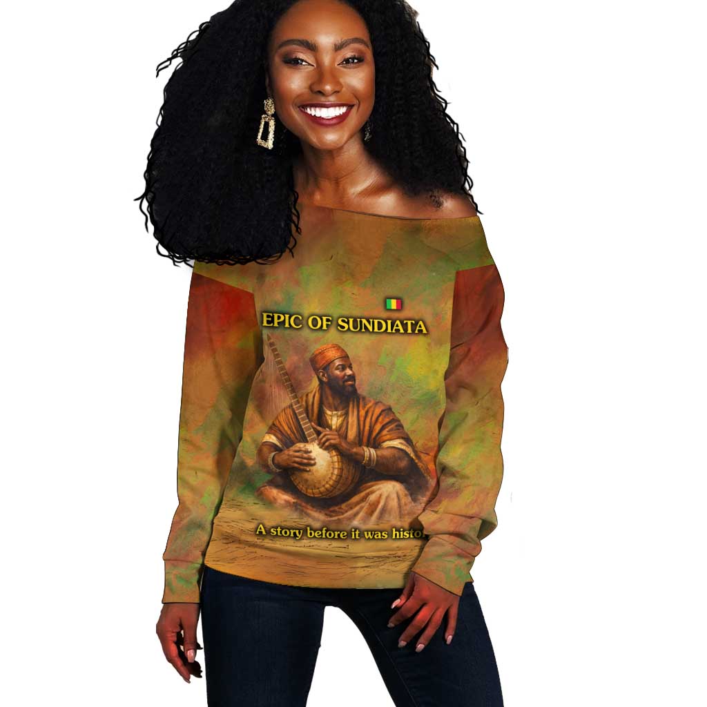 Sundiata Keita Off Shoulder Sweater Griot Storytelling Scene, Epic of Sundiata Text and Heritage-Inspired Earth Tone - Wonder Print Shop