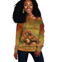 Sundiata Keita Off Shoulder Sweater Griot Storytelling Scene, Epic of Sundiata Text and Heritage-Inspired Earth Tone - Wonder Print Shop