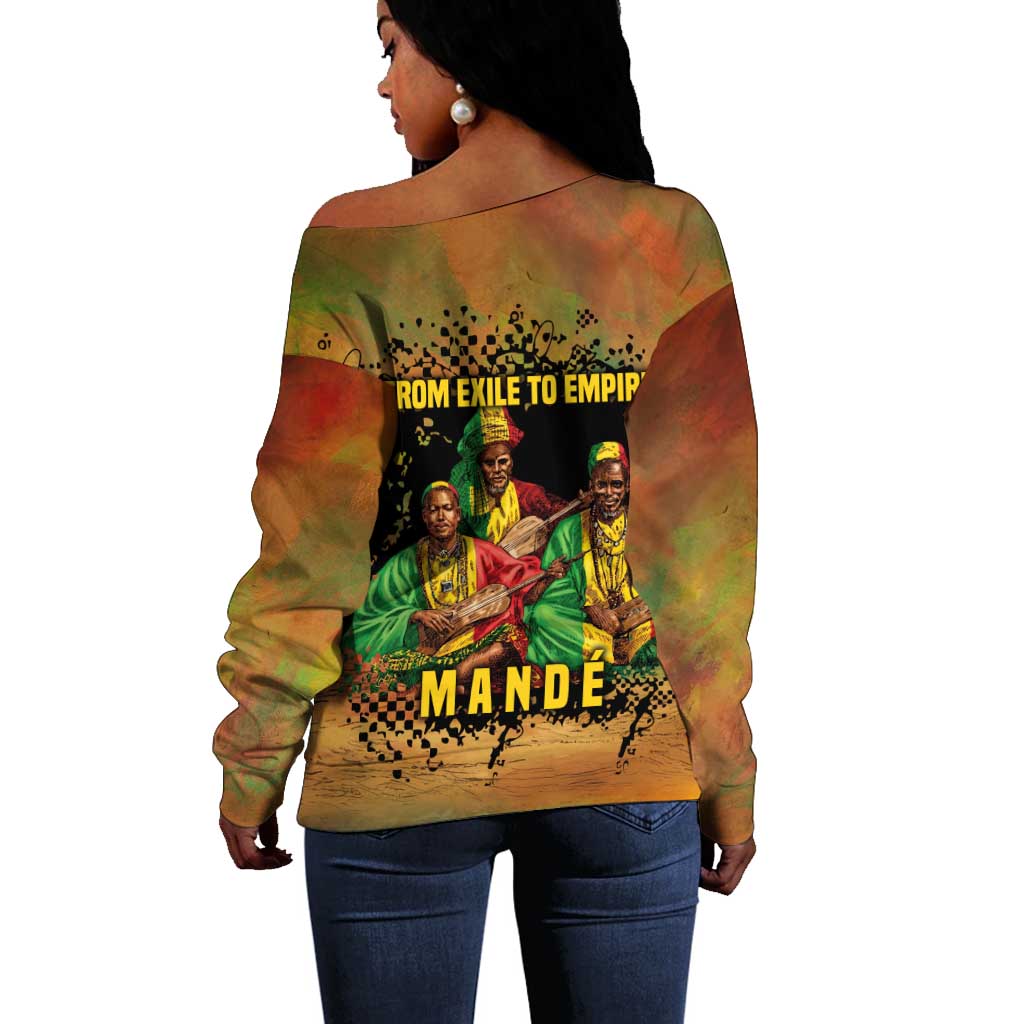 Sundiata Keita Off Shoulder Sweater Griot Storytelling Scene, Epic of Sundiata Text and Heritage-Inspired Earth Tone - Wonder Print Shop