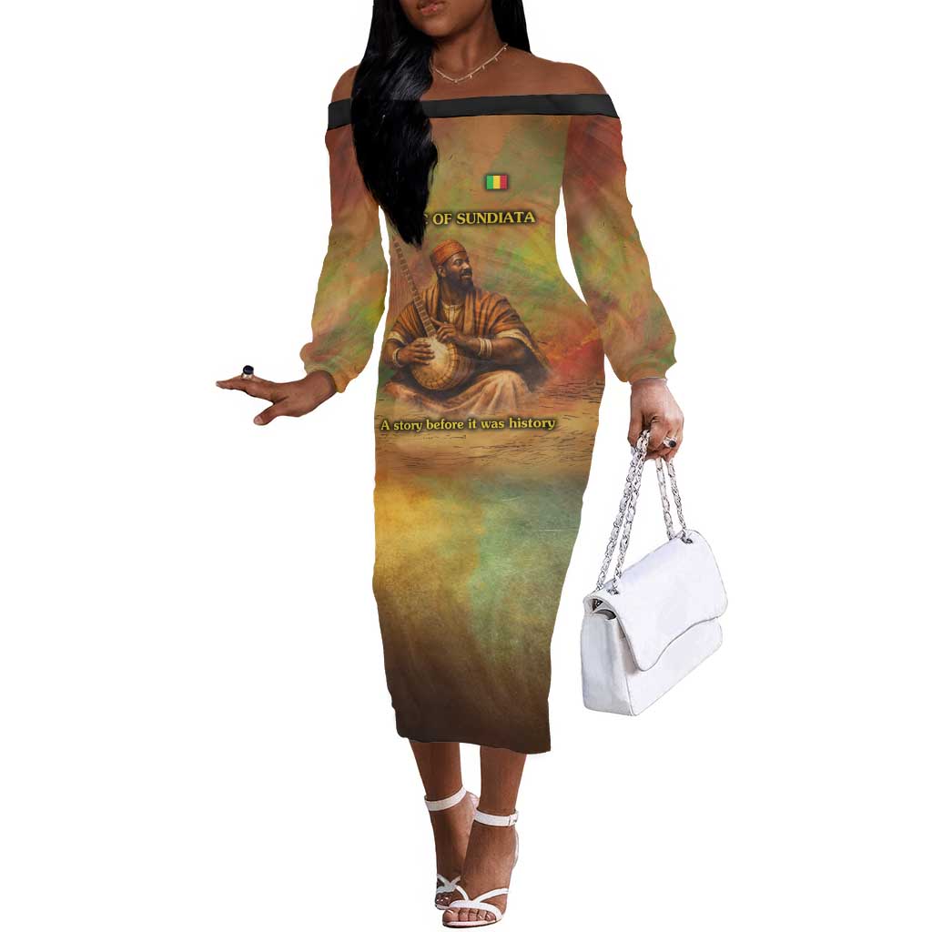 Sundiata Keita Off The Shoulder Long Sleeve Dress Griot Storytelling Scene, Epic of Sundiata Text and Heritage-Inspired Earth Tone - Wonder Print Shop