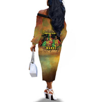 Sundiata Keita Off The Shoulder Long Sleeve Dress Griot Storytelling Scene, Epic of Sundiata Text and Heritage-Inspired Earth Tone - Wonder Print Shop