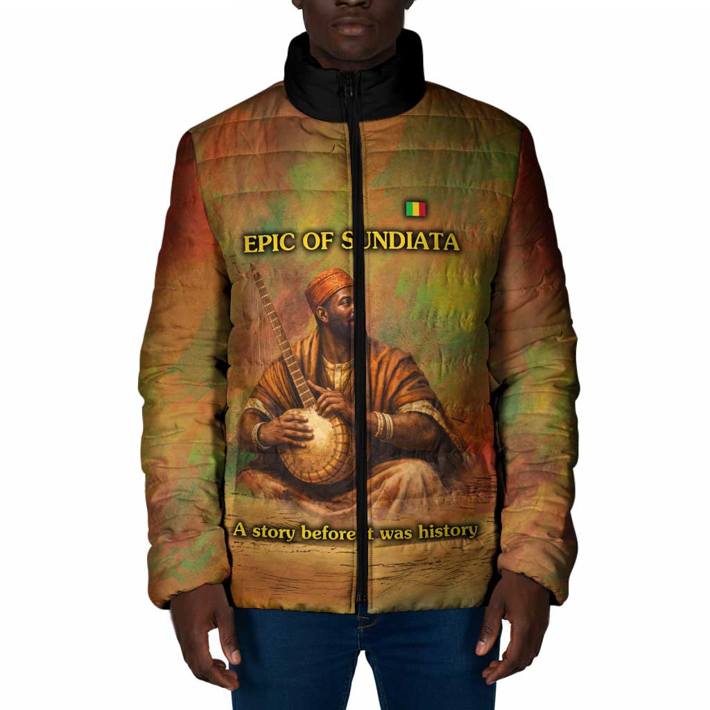 Sundiata Keita Padded Jacket Griot Storytelling Scene, Epic of Sundiata Text and Heritage-Inspired Earth Tone - Wonder Print Shop