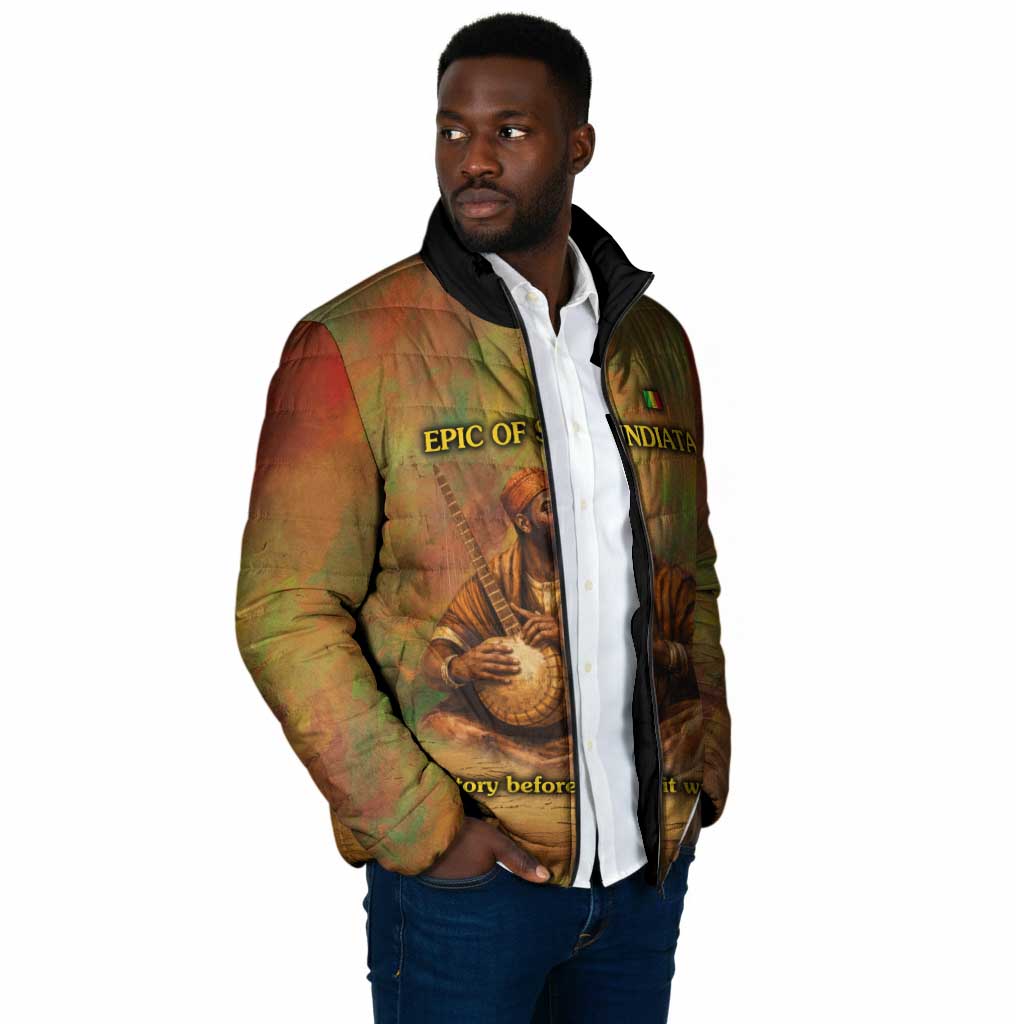Sundiata Keita Padded Jacket Griot Storytelling Scene, Epic of Sundiata Text and Heritage-Inspired Earth Tone - Wonder Print Shop