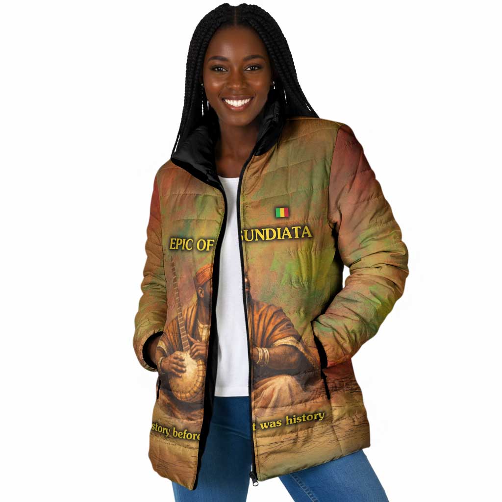 Sundiata Keita Padded Jacket Griot Storytelling Scene, Epic of Sundiata Text and Heritage-Inspired Earth Tone - Wonder Print Shop