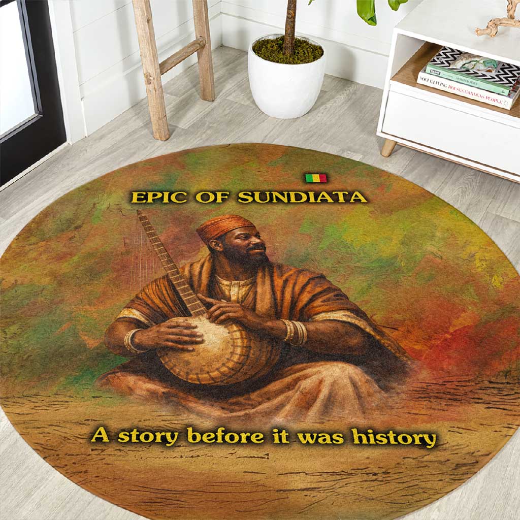 Sundiata Keita Round Carpet Griot Storytelling Scene, Epic of Sundiata Text and Heritage-Inspired Earth Tone - Wonder Print Shop