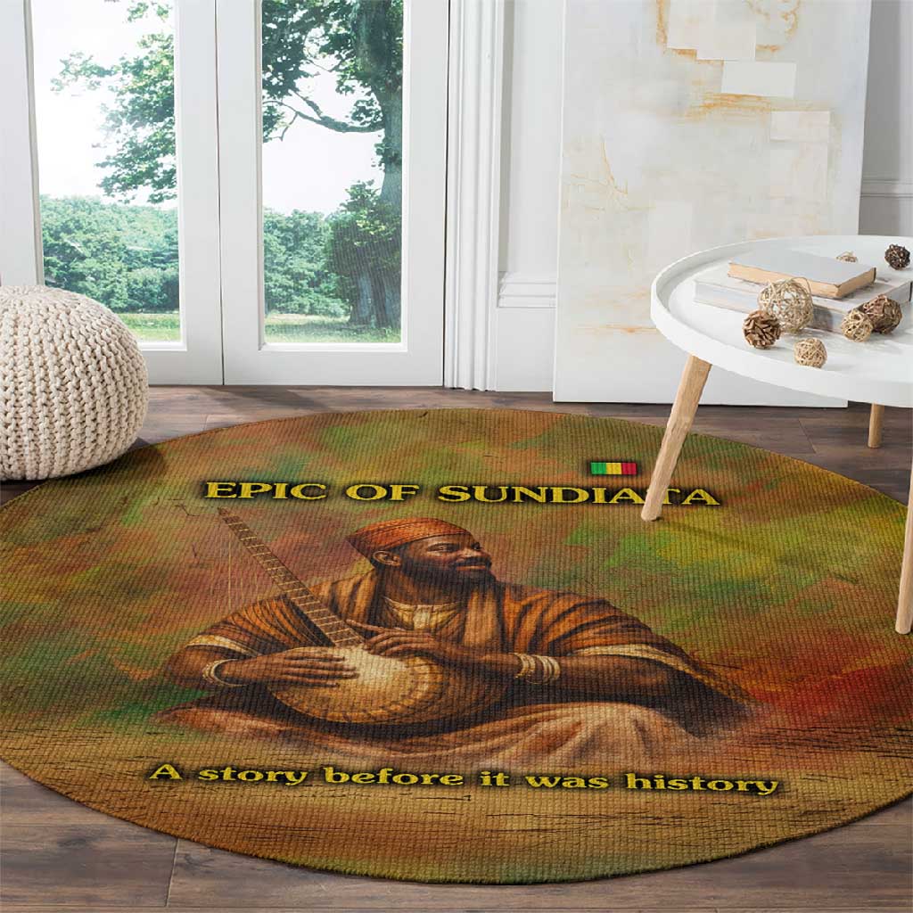 Sundiata Keita Round Carpet Griot Storytelling Scene, Epic of Sundiata Text and Heritage-Inspired Earth Tone - Wonder Print Shop