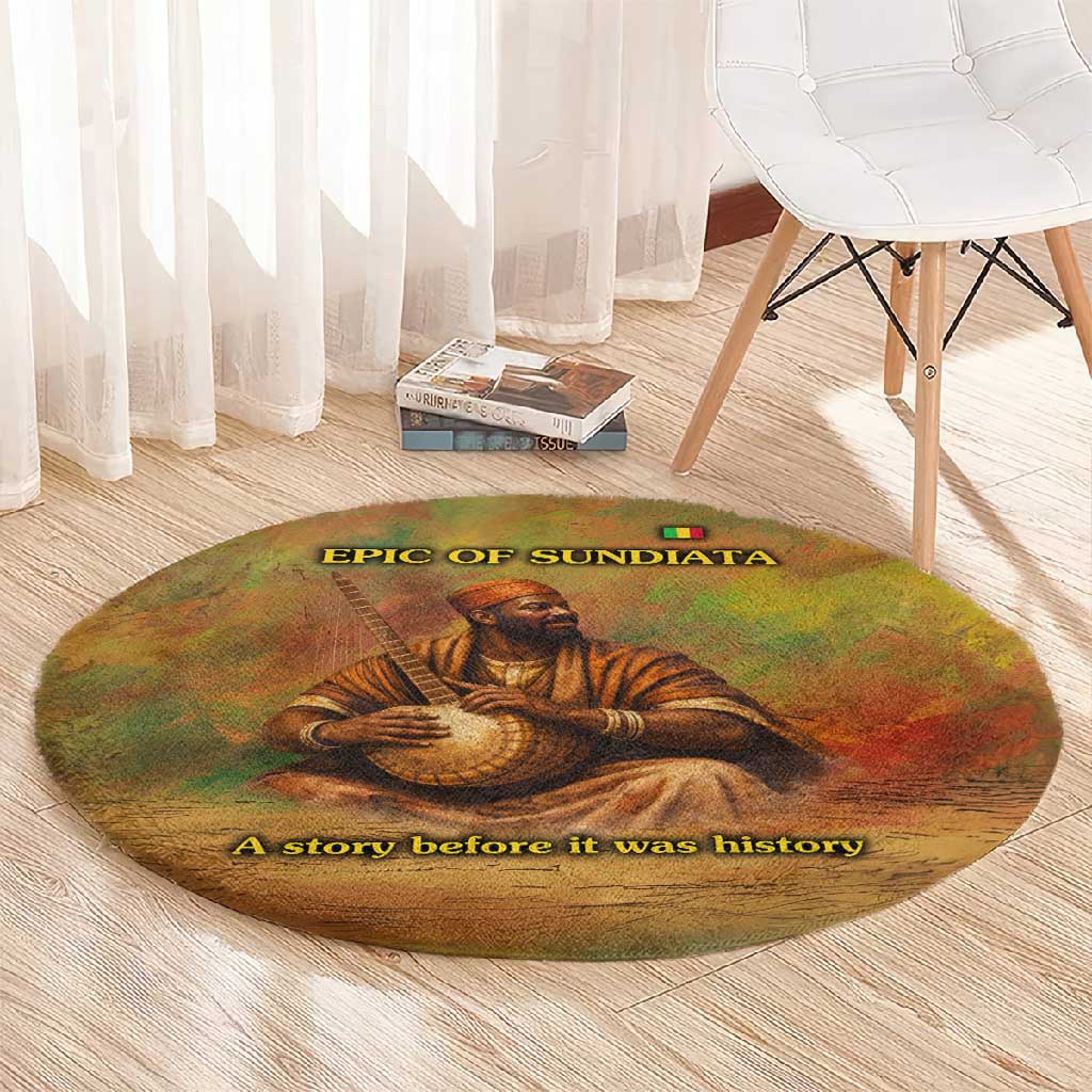 Sundiata Keita Round Carpet Griot Storytelling Scene, Epic of Sundiata Text and Heritage-Inspired Earth Tone - Wonder Print Shop