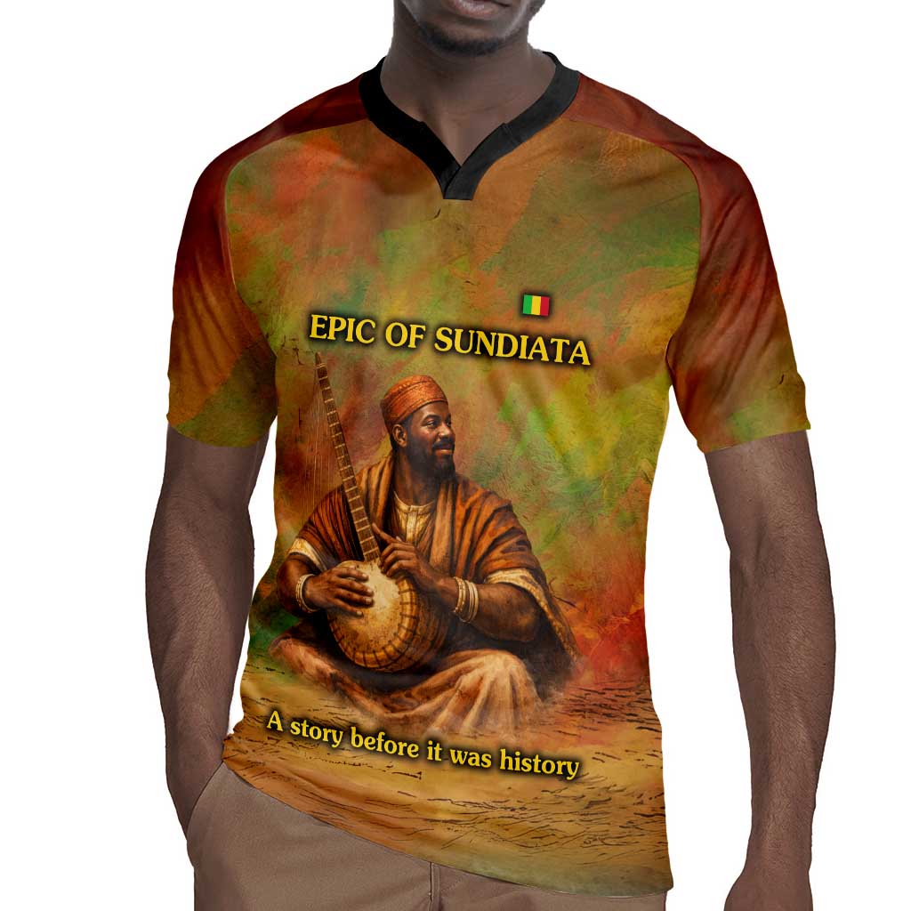 Sundiata Keita Rugby Jersey Griot Storytelling Scene, Epic of Sundiata Text and Heritage-Inspired Earth Tone - Wonder Print Shop